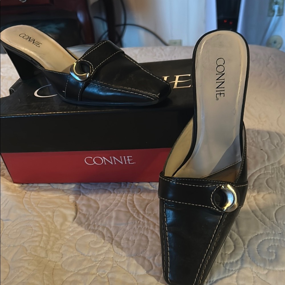 Connie Black Mules with Gold Accent